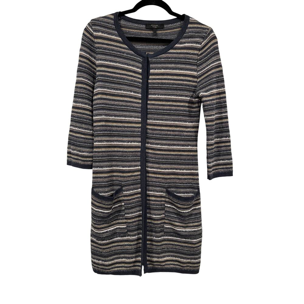 Max Mara Weekend Glitter Striped Long Cardigan in Navy and Gold, S